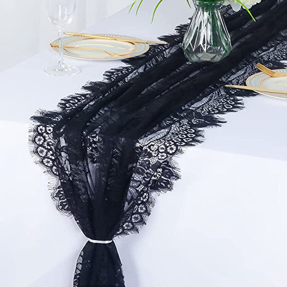 Flowerva Embroidered White Lace Table Runner, Semi-Sheer Tablecloth for Weddings & Banquets