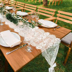 Flowerva Embroidered White Lace Table Runner, Semi-Sheer Tablecloth for Weddings & Banquets