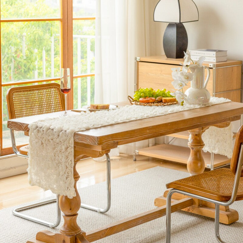 Flowerva  French-Style 3D Rose Embroidery White Lace Table Runner
