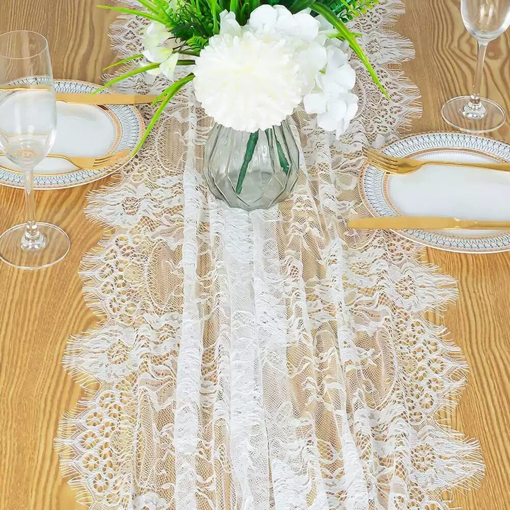 Flowerva Embroidered White Lace Table Runner, Semi-Sheer Tablecloth for Weddings & Banquets
