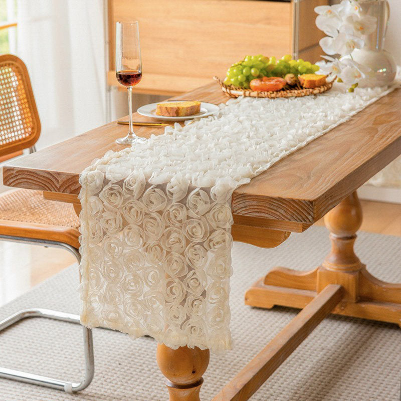 Flowerva  French-Style 3D Rose Embroidery White Lace Table Runner