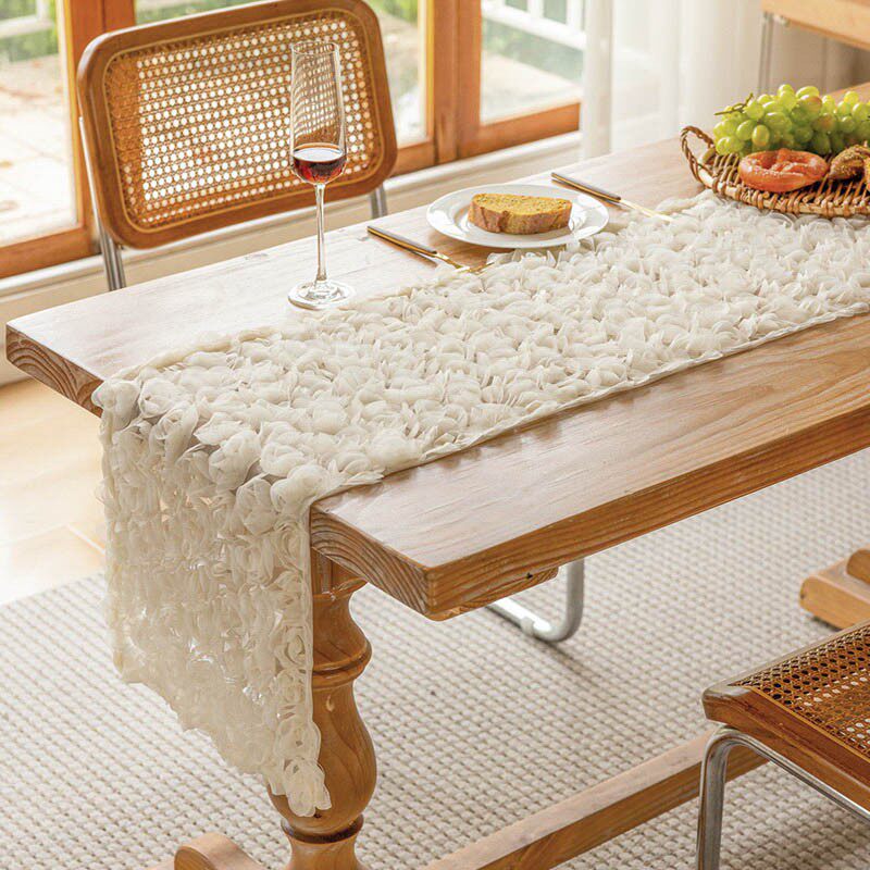 Flowerva  French-Style 3D Rose Embroidery White Lace Table Runner