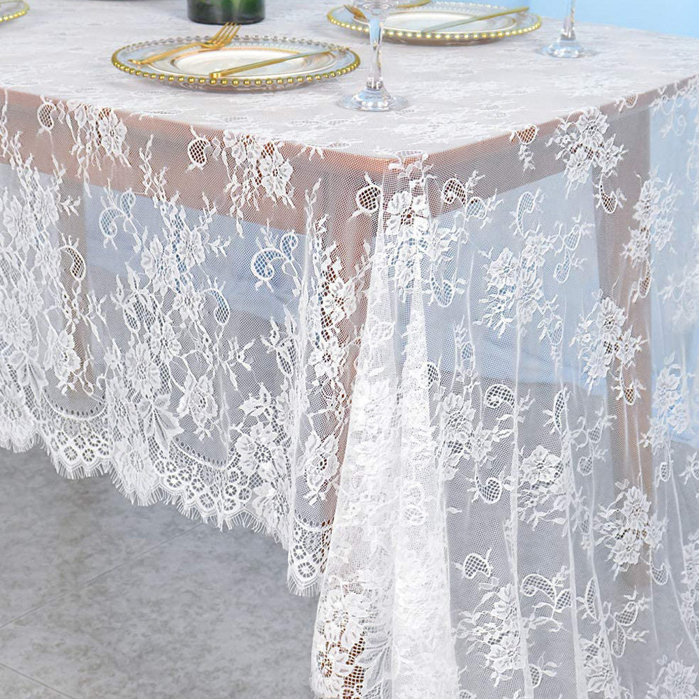 Flowerva Embroidered White Lace Table Runner, Semi-Sheer Tablecloth for Weddings & Banquets