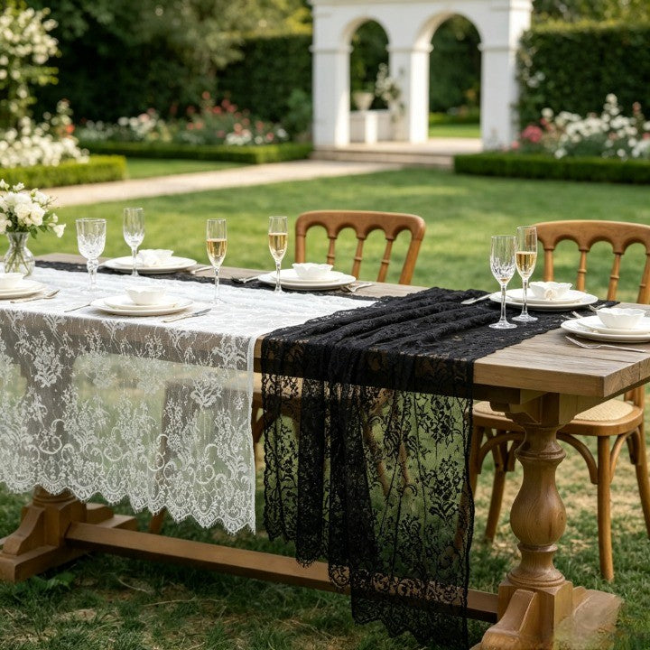 Flowerva Embroidered White Lace Table Runner, Semi-Sheer Tablecloth for Weddings & Banquets