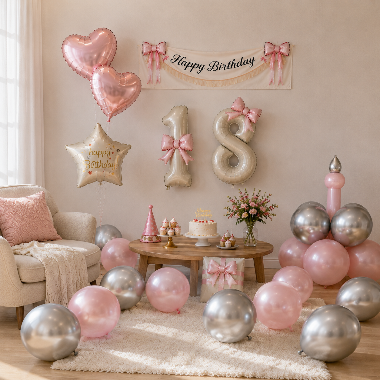 Flowerva Cream Champagne Number Birthday Balloon Set