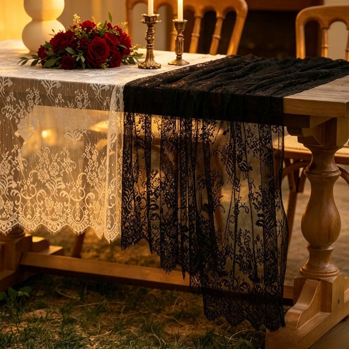 Flowerva Embroidered White Lace Table Runner, Semi-Sheer Tablecloth for Weddings & Banquets