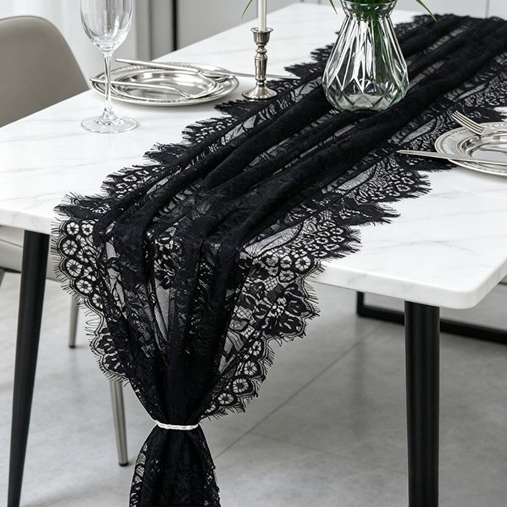 Flowerva Embroidered White Lace Table Runner, Semi-Sheer Tablecloth for Weddings & Banquets