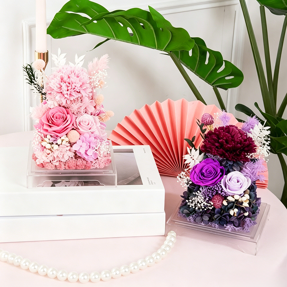 Flowerva Preserved Carnation Acrylic Mirror Box Premium Decor