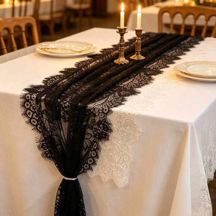 Flowerva Embroidered White Lace Table Runner, Semi-Sheer Tablecloth for Weddings & Banquets
