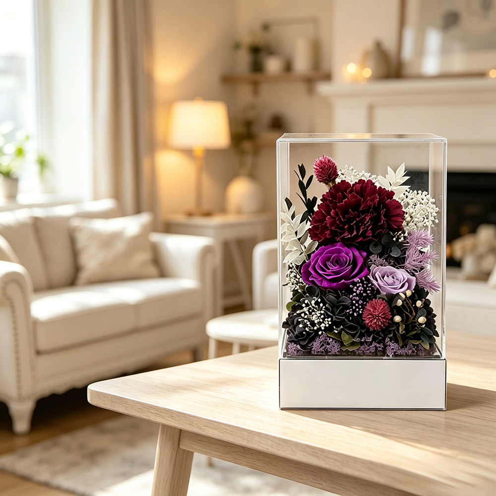 Flowerva Preserved Carnation Acrylic Mirror Box Premium Decor