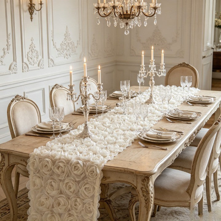 Flowerva  French-Style 3D Rose Embroidery White Lace Table Runner