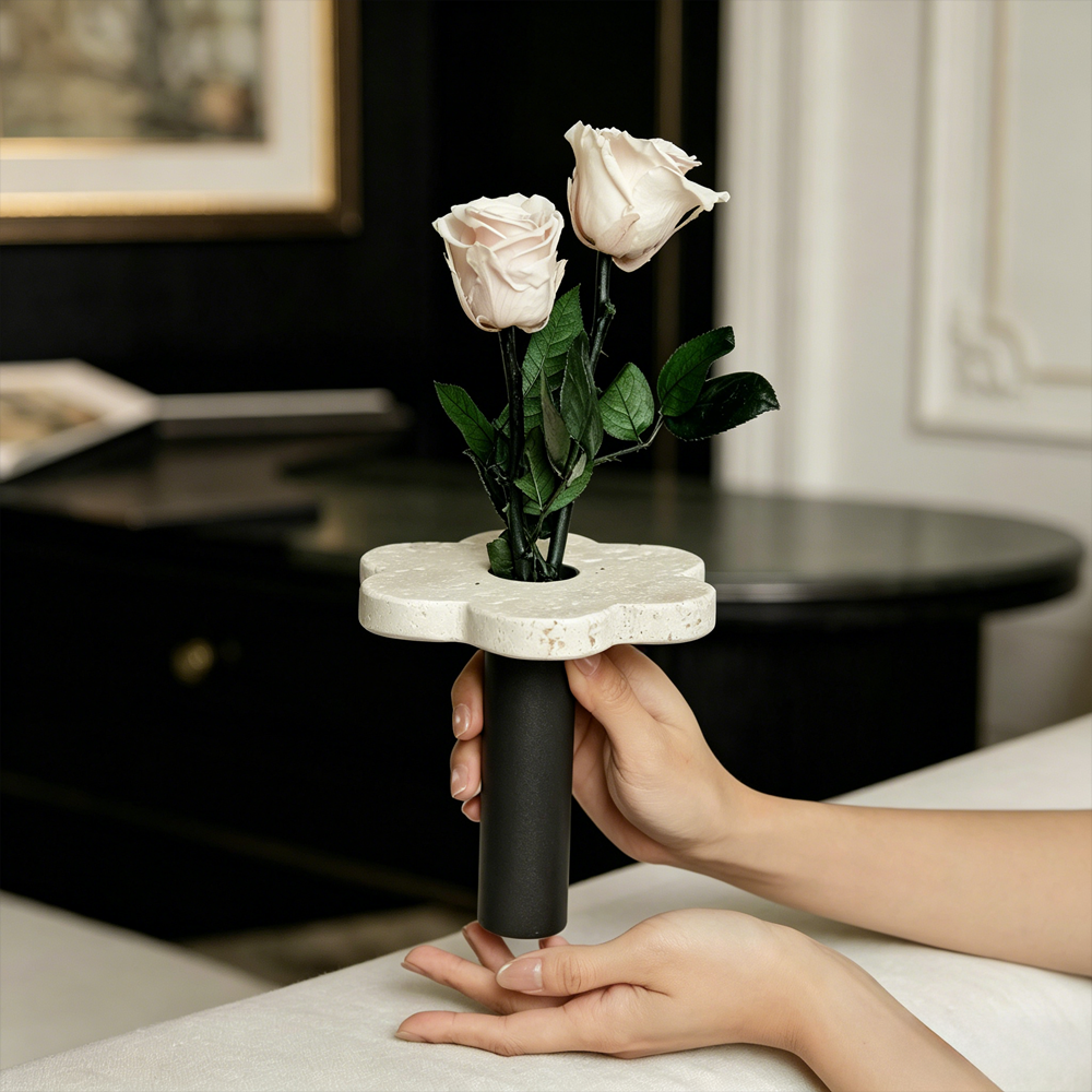 Premium Single Eternal Rose Yellow Travertine Handheld Vase Gift Box