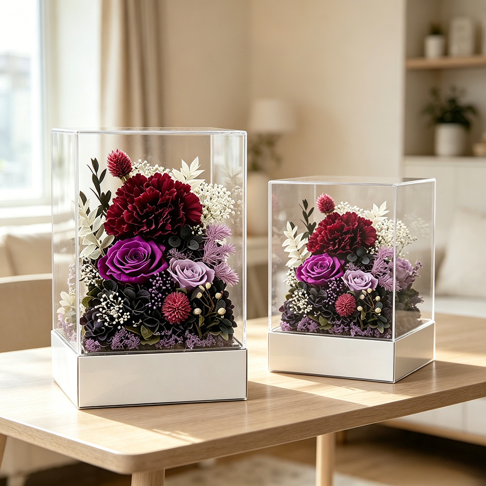 Flowerva Preserved Carnation Acrylic Mirror Box Premium Decor