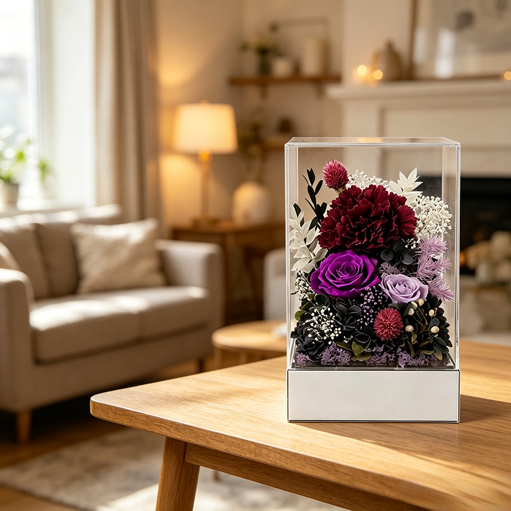 Flowerva Preserved Carnation Acrylic Mirror Box Premium Decor