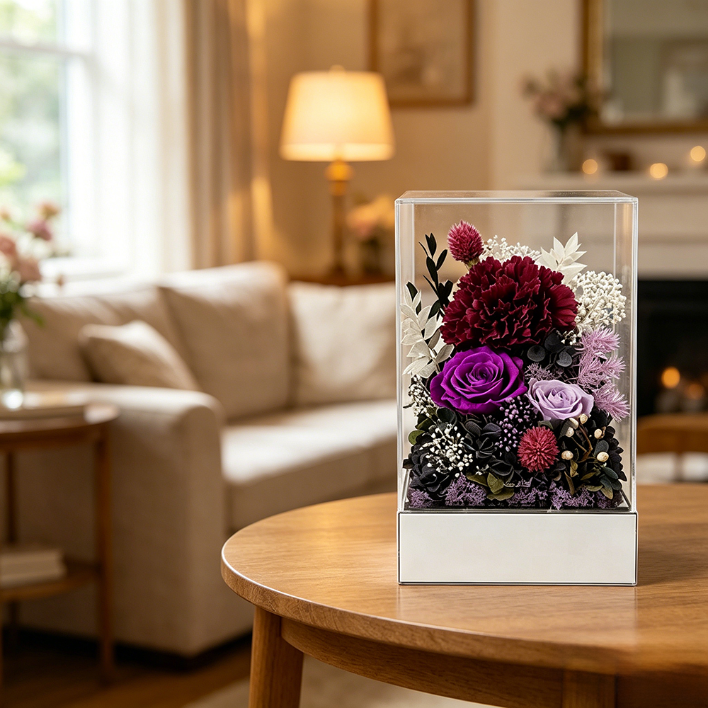Flowerva Preserved Carnation Acrylic Mirror Box Premium Decor