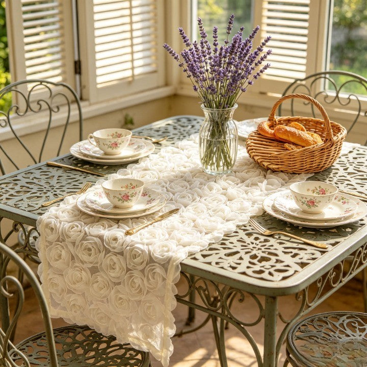 Flowerva  French-Style 3D Rose Embroidery White Lace Table Runner