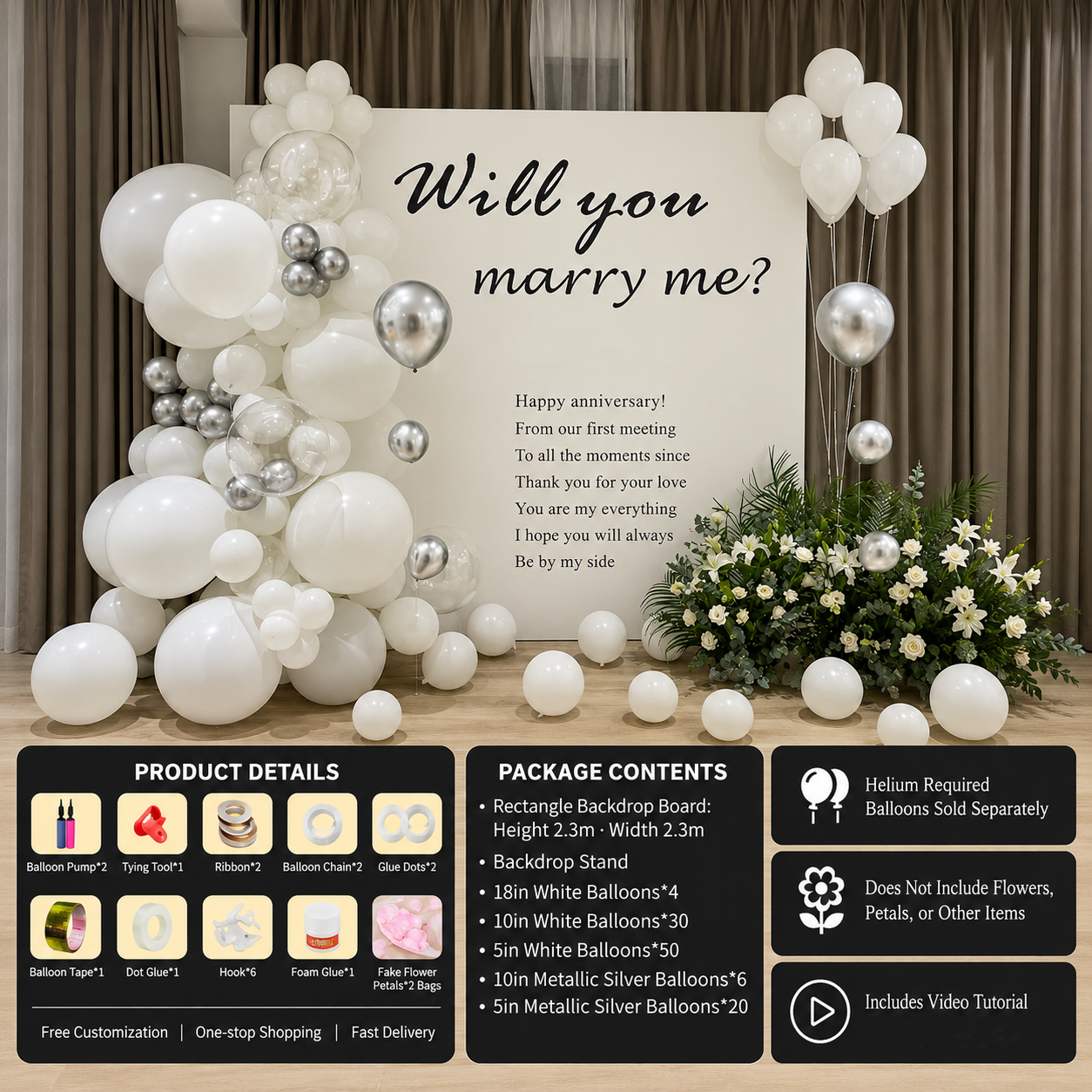 Flowerva Romantic Proposal & Valentine’s Day Confession Balloon Kit with Custom KT Backdrop Decor