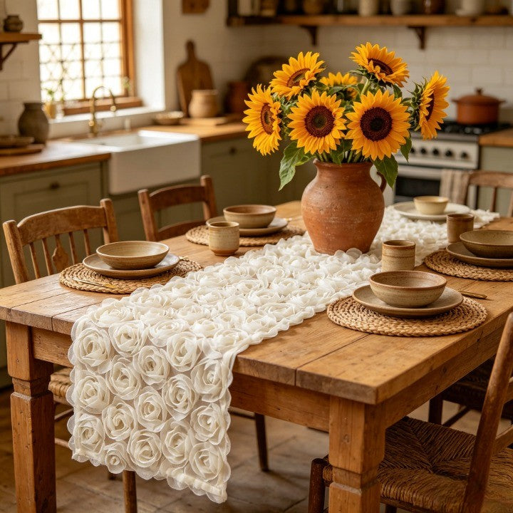 Flowerva  French-Style 3D Rose Embroidery White Lace Table Runner