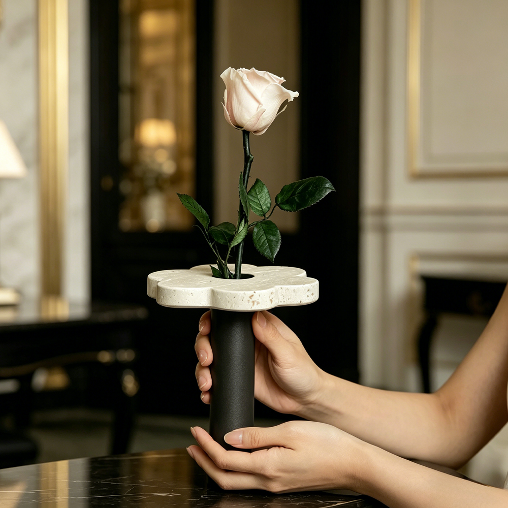 Premium Single Eternal Rose Yellow Travertine Handheld Vase Gift Box