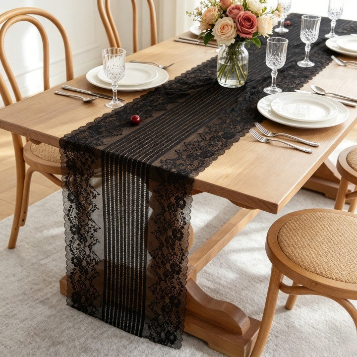 Flowerva  Vintage Black Lace Table Runner — Elegant French Gothic Style