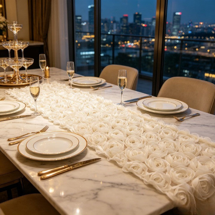 Flowerva  French-Style 3D Rose Embroidery White Lace Table Runner