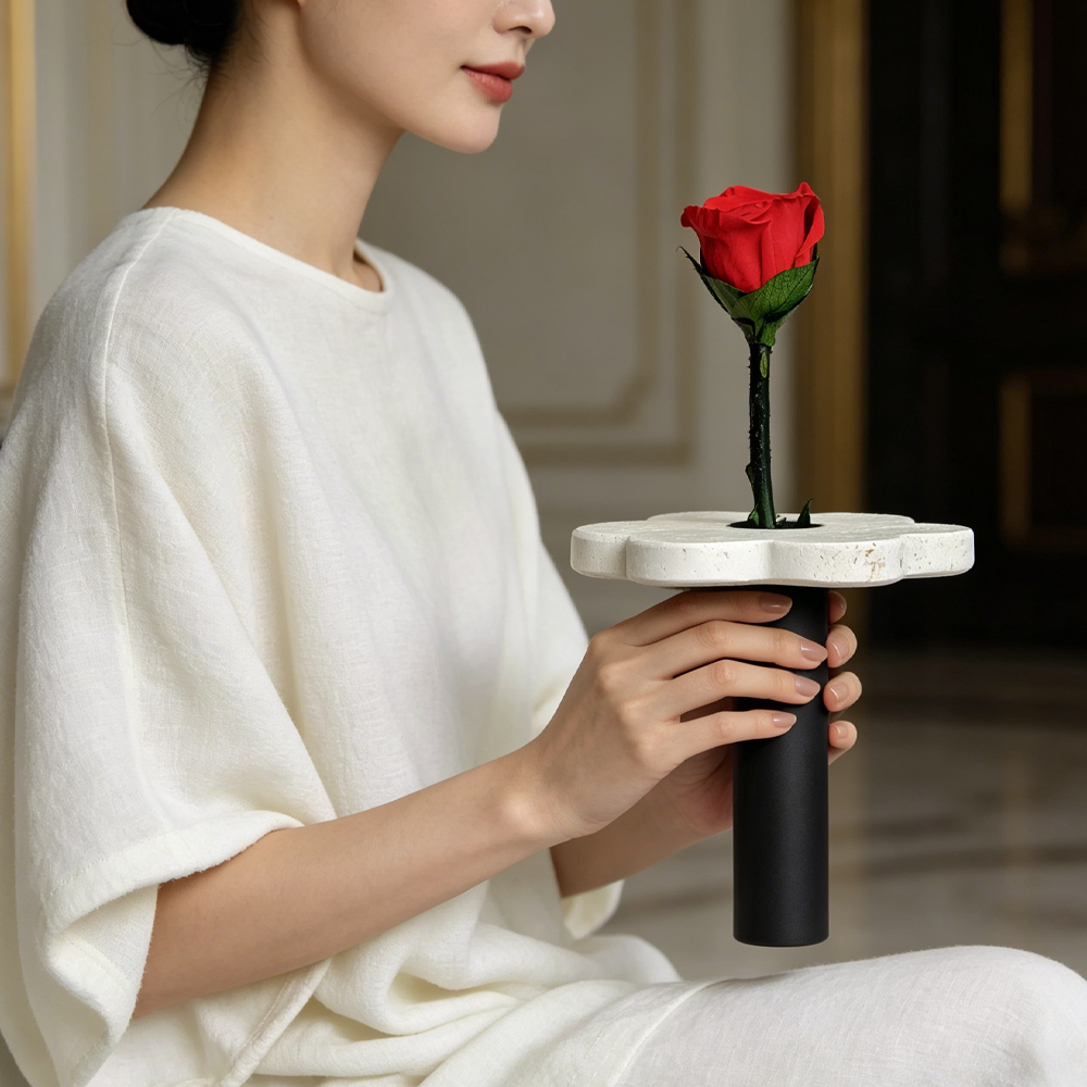 Premium Single Eternal Rose Yellow Travertine Handheld Vase Gift Box