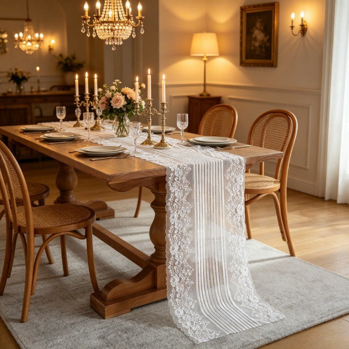 Flowerva  Vintage Black Lace Table Runner — Elegant French Gothic Style