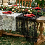 Flowerva Embroidered White Lace Table Runner, Semi-Sheer Tablecloth for Weddings & Banquets