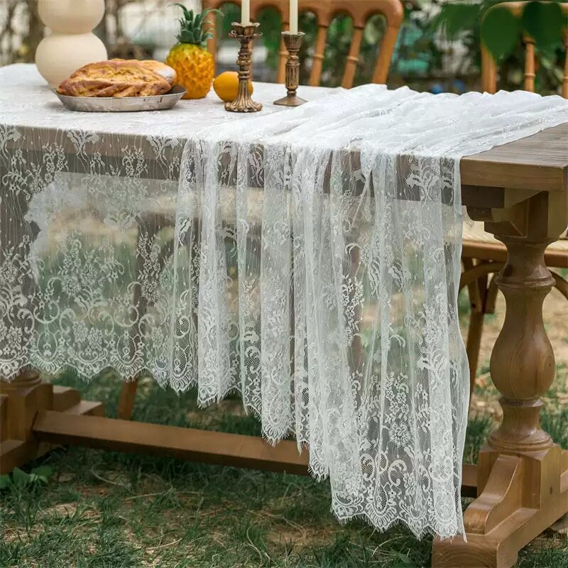 Flowerva Embroidered White Lace Table Runner, Semi-Sheer Tablecloth for Weddings & Banquets