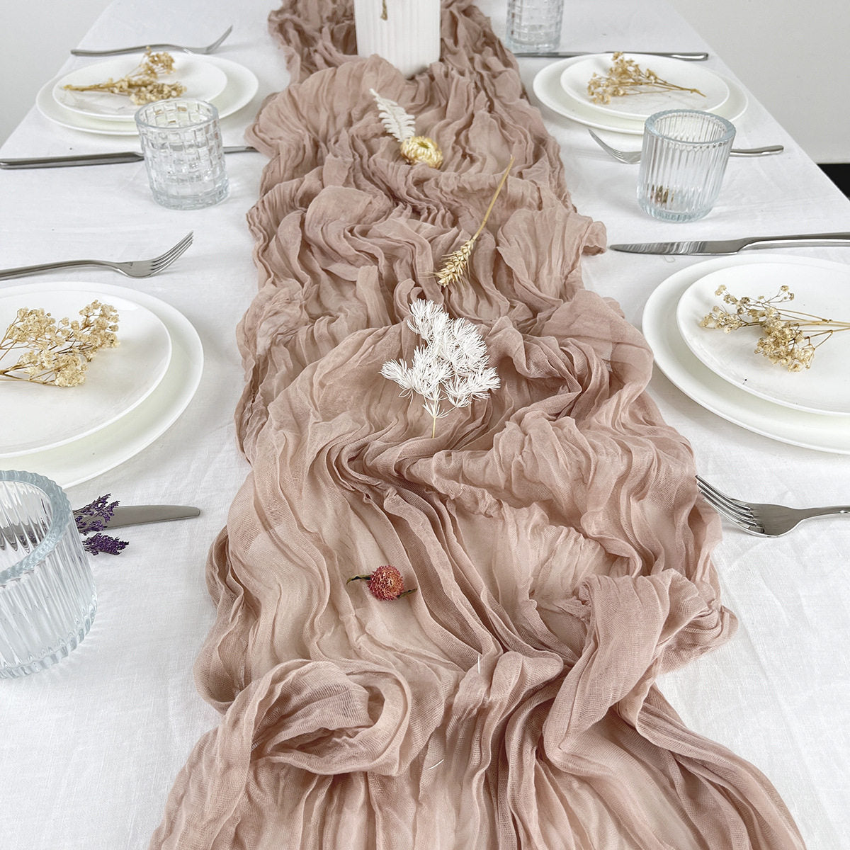 Flowerva Crinkle Cheesecloth Table Runner for Wedding & Party Decor