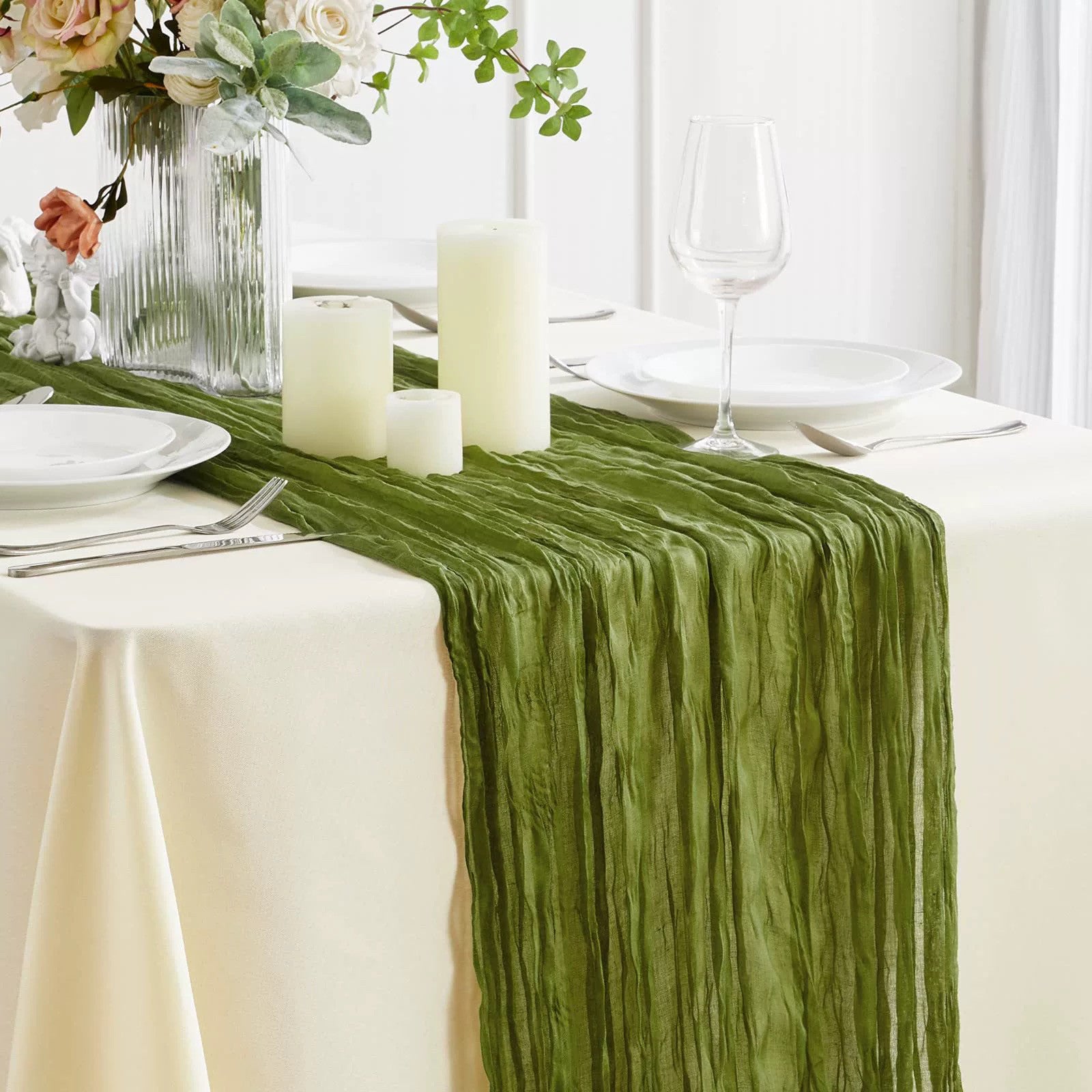 Flowerva Crinkle Cheesecloth Table Runner for Wedding & Party Decor